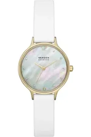 Skagen Quarzuhr ANITA LILLE SKW3138, Armbanduhr, Damenuhr, Perlmutt-Zifferblatt, Lederarmband weiß