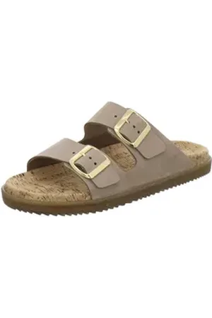 Afs 240012 Zweischnaller Pantolette für Damen mit Fußbett, bequeme Sandalen aus Leder beige 41 EU