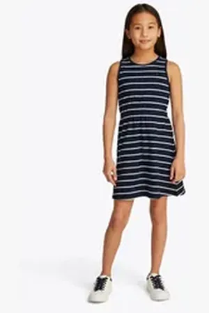 Tommy Hilfiger Jerseykleid LINEN JERSEY DRESS SLVLS mit Streifenmuster, mit Logostickerei blau 10 (140)