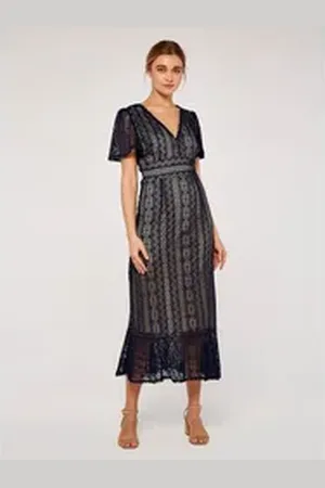 Apricot Midikleid Lace V Neck Ruffle Bottom Dress, aus Spitze blau M (38)