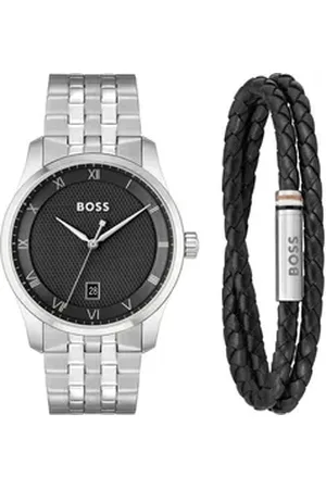 HUGO BOSS Quarzuhr PRINCIPLE 1570177, (Set, 2-tlg., mit Lederarmband), Armbanduhr, Herrenuhr, Edelstahlarmband, ideal auch als Geschenk silberfarben