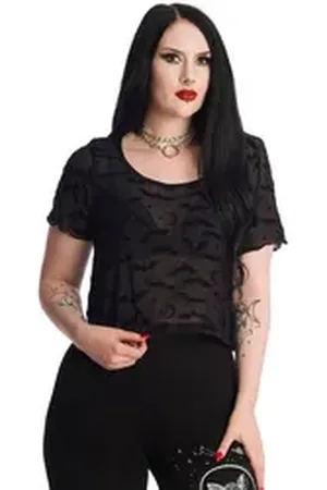 Banned Retro Spitzentop Black Prayers Fledermaus Bat Mond Sterne Spitze Gothic schwarz L