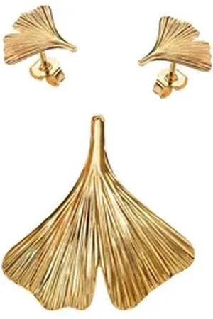 JEVELION Schmuckset Anhänger Ginkgo - Blatt mit 2x Ohrstecker 750 Gold - Made in Germany (Goldanhänger + Gold-Ohrschmuck, für Damen und Mädchen), Mit Kette vergoldet- Länge wählbar 36 - 70 cm oder ohne Kette.