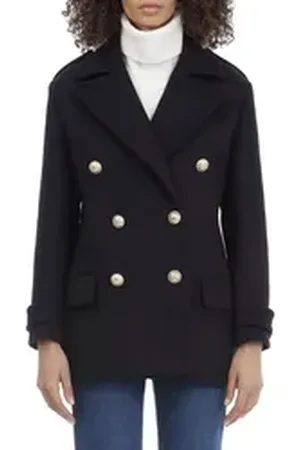 Balmain Kurzmantel Doppelt-Geknöpfter Navy Wollmantel Jacke Mantel mit Goldknöpfen 36/S Goldene, mit Logo geprägte Zierknöpfe auf der Vorderseite blau