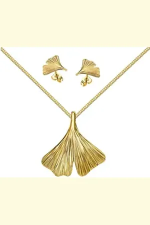 JEVELION Schmuckset Anhänger Ginkgo mit 2x Ohrstecker 333 Gold - Made in Germany (Goldanhänger + Gold-Ohrschmuck, für Damen und Mädchen), Mit Kette vergoldet- Länge wählbar 36 - 70 cm oder ohne Kette.