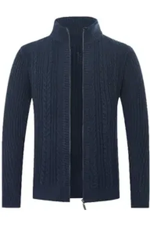Allthemen Cardigan Herren Strickjacke mit Reißverschluss Grobstrick mit Stehkragen blau L