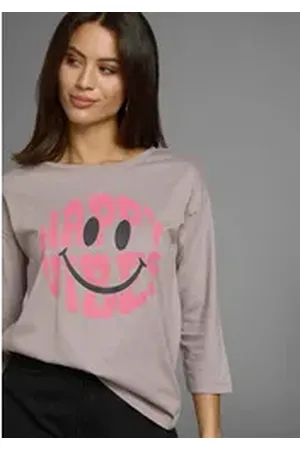 Laura Scott 3/4-Arm-Shirt mit fröhlichem Frontprint & abgerundetem Saum - NEUE KOLLEKTION grau 44/46