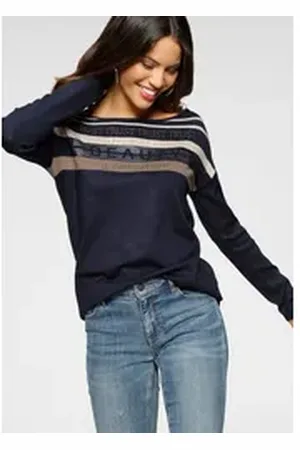 Laura Scott Strickpullover in Streifen-Design mit Glitzersteinen beige|blau 48