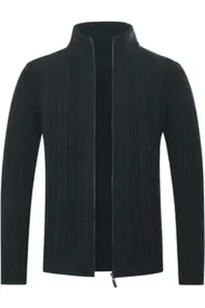 Allthemen Cardigan Herren Strickjacke mit Reißverschluss Grobstrick mit Stehkragen schwarz XL