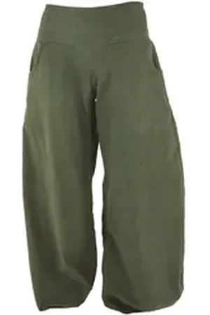GURU-SHOP Relaxhose Weite Cord Pluderhose, Feincord Boho Hose - olive Ethno Style, alternative Bekleidung grün L