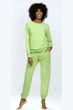 DKaren Freizeitanzug Damen Hausanzug Jogginganzug Baumwolle (2-tlg., Sweatshirt & Hose) grün XXL-44