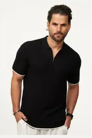 Soul Star Poloshirt mit Half-Zip Herren Kurzarm Strick Polo-Hemd T-Shirt schwarz L