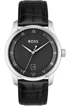 HUGO BOSS Quarzuhr PRINCIPLE 1514122, Herrenuhr, Armbanduhr, Datum, Lederarmband schwarz