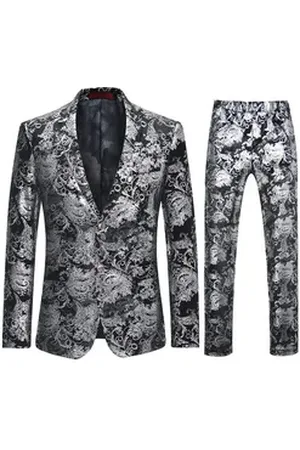 Allthemen Anzug (2 tlg, Sakko & Hose) Herren Jacquard Smoking Slim Fit Herren Anzug für Hochzeit und Party silberfarben 48