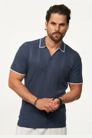 Soul Star Poloshirt mit offenem Kragen Herren Kurzarm Strick Polo-Hemd T-Shirt blau M