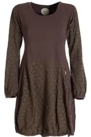 Vishes Ballonkleid Langarm Damen-Keid Ballon-Kleid Shirt-Kleid kurz loose fit Ethno, Goa, Hippie Style braun 48