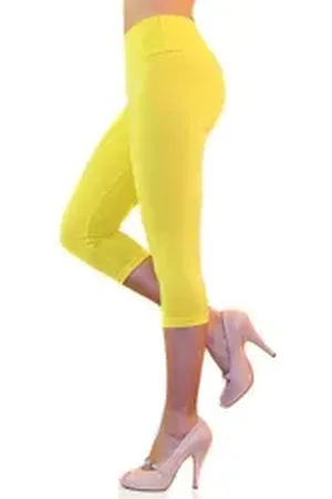 Yeset Leggings Damen Capri 3/4 Leggings Baumwolle hoher Bund GELB XXL Hochtailliert, Highwaist-Leggings, Capri, verstärkter Bund gelb XXL