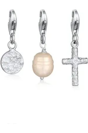 Kuzzoi Charm-Einhänger Set Kreuz Süßwasserperlen Weiß 925 Sterling Silber (3-tlg), Kreuz silberfarben