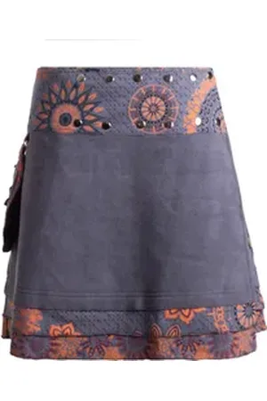 Vishes Minirock Damen Warmer Wickelrock Rock zum Wickeln mit Druckknöpfen Mandalas Alternative Bekleidung, Goa, Hippie Style grau 40-48