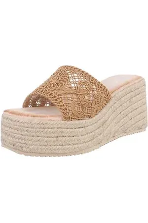 Ital-Design Wedge-Pantoletten mit Stickerei für Damen – Beige Plateausandaletten (89372602) Keilabsatz/Wedge Keilsandaletten in Hellbraun braun 39 EU
