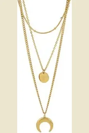 Karma Statementkette 3 lagige Halskette Gold vergoldet Damen Kette Edelstahl (Damenkette, Edelstahlhalskette Edelstahlkette), modern mehrlagig Mond Damenhalskette goldfarben