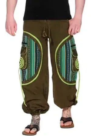 Kunst und Magie Cargohose Stonewashed Cargohose Hippie Goa Cargo Hose Pluderhose Haremshose Bunt grün S/M