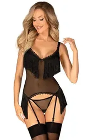 Obsessive Corsage Corsage Sherila schwarz mit Fransen inkl. String (Set) schwarz XL/XXL