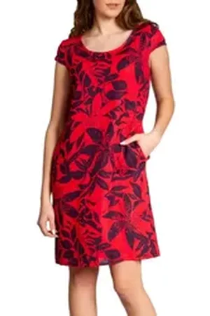 CASPAR Sommerkleid SKL026 knielanges elegantes Damen Sommer Leinenkleid Luftig leicht, figurumspielende Form, mit seitlichem Jersey-Einsatz rot XL - DE42 UK14 IT46 ES44 US12