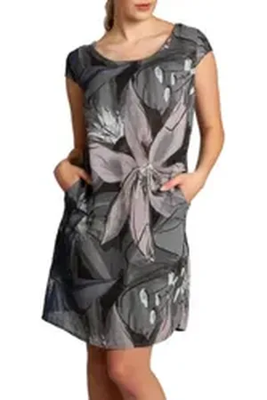 CASPAR Sommerkleid SKL035 knielanges elegantes Damen Sommer Leinenkleid mit abstraktem Blüten Print grau XL - DE42 UK14 IT46 ES44 US12