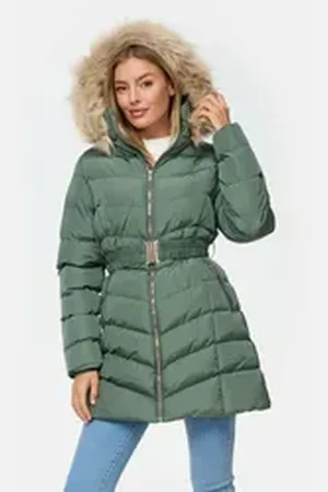 Threadbare Steppjacke THB Roo Belted Puffer Jacket (1-St) mit Kunstfell-Kapuze grün 38