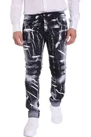 KINGZ Slim-fit-Jeans Lässige Batik Herren Biker Designer Jeans schwarz W32/L34