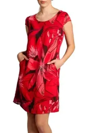 CASPAR Sommerkleid SKL035 knielanges elegantes Damen Sommer Leinenkleid mit abstraktem Blüten Print rot M - DE38 UK10 IT42 ES40 US8