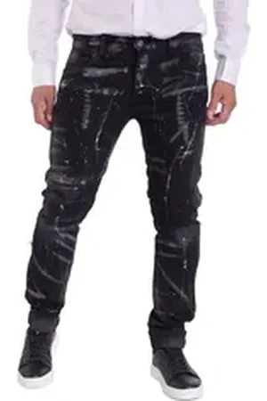 KINGZ Slim-fit-Jeans Lässige Batik Herren Biker Designer Jeans schwarz W32/L34