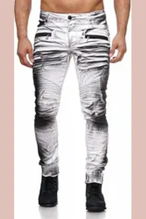 KINGZ Slim-fit-Jeans Herren Slim Fit Designer Bikerjeans Batik-Look White Black 38 Batik Waschung weiß W38/L34