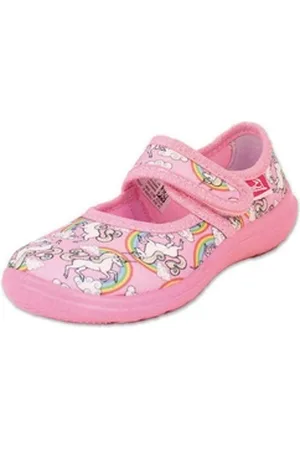 Beck Hausschuh Rainbow Hausschuh (Bestseller für Mädchen, mit gepolsterter Innensohle) schmale Passform, modischer Einhorn-Print mit Regenbögen rosa 23 EU