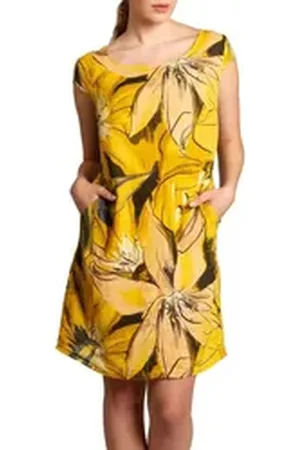 CASPAR Sommerkleid SKL035 knielanges elegantes Damen Sommer Leinenkleid mit abstraktem Blüten Print gelb XL - DE42 UK14 IT46 ES44 US12