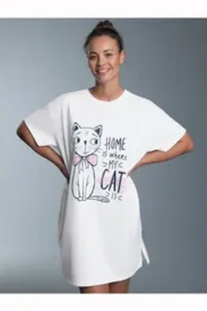 Trigema Pyjama Bigshirt mit süßem Katzen-Printmotiv (1 tlg) weiß L-XL