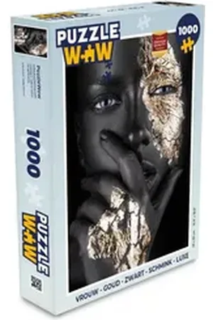 MuchoWow Puzzle Frau - Gold - Schwarz - Make-up - Luxus, 1000 Puzzleteile, Foto-Puzzle, Bilderrätsel, Puzzlespiele, Klassisch 48 cm x 68 cm x 2 cm
