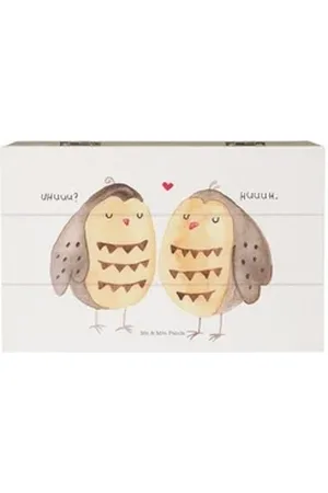Mr. & Mrs. Panda Dekokiste Eulen Liebe 19 x 12 cm - Weiß - Geschenk, Holzkiste, Owl, Liebe Spruc (1 St), Schöne Designs weiß 19 cm x 12 cm x 10 cm