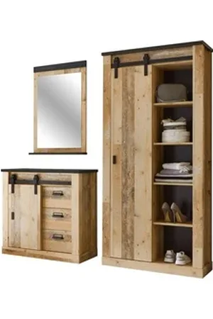 Home Affaire Garderoben-Set SHERWOOD, (3-St), mit Scheunentorbeschlag, Apothekergriffe aus Metall braun