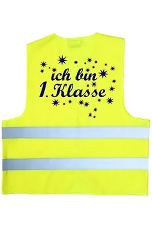 Coole-Fun-T-Shirts Schulranzen Ich bin 1. Klasse ! Kinder Warnweste zur Einschulung Schulanfang ABC Schützen Gr. XS 120-140 cm oder S 152-160 cm Sicherheitsweste Neongelb und orange gelb S