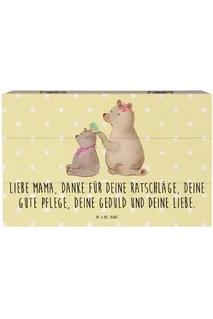 Mr. & Mrs. Panda Dekokiste 19 x 12 cm Bär Kind - Gelb Pastell - Geschenk, Bären, Familie, Aufbew (1 St), Einschlagscharniere. gelb