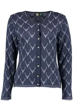 OS-TRACHTEN OS Trachten Strickjacke Ewipe Tailliert, lang geschnitten, Rundhals, Allover-Stick, Metallknöpfe blau 36