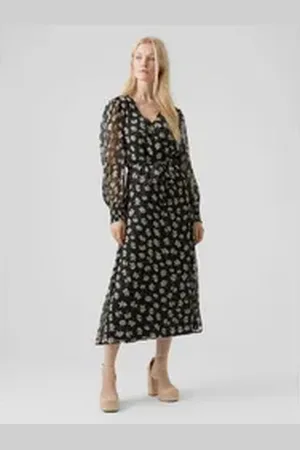 VERO MODA Midikleid Pica (1-tlg) Drapiert/gerafft schwarz S