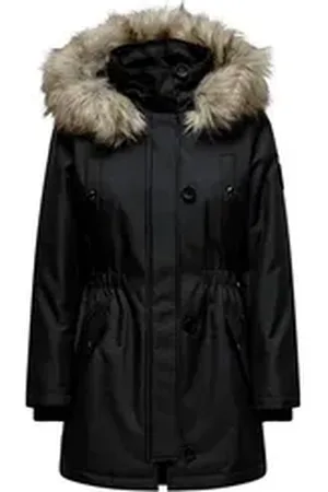 ONLY Winterjacke Damen Winter-Jacke OnlIris einfarbiger Parka Mantel Fellkapuze schwarz L