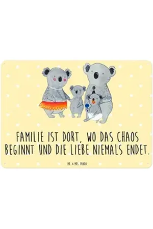 Mr. & Mrs. Panda Metallschild Koala Familie DIN A6 - Gelb Pastell - Geschenk, Papa, Koalas, Schwest, (1 St), Edelstahlblech gelb DIN A6 | 14.8 cm x 14.6 cm x 10.5 cm
