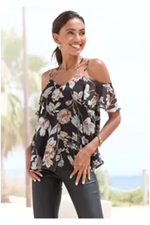 Lascana Chiffonbluse mit Blumendruck und modischen Trägern, Kurzarmbluse, Damenbluse bunt|schwarz 34