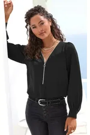 Lascana Langarmbluse mit Reißverschlussdetail, elegante Damenbluse schwarz 34