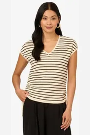 Adrianna Papell Stricktop V-Neck Extended Cap Sleeve Sweater Top with Side Slits Casual, Basic, Dinner, Work weiß XS
