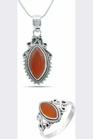 mantraroma Schmuckset ANULA echt 925 Silber mit Karneol - Kette und Ring in passendem Design (Schmuckset in Schmuckdose) orange 62